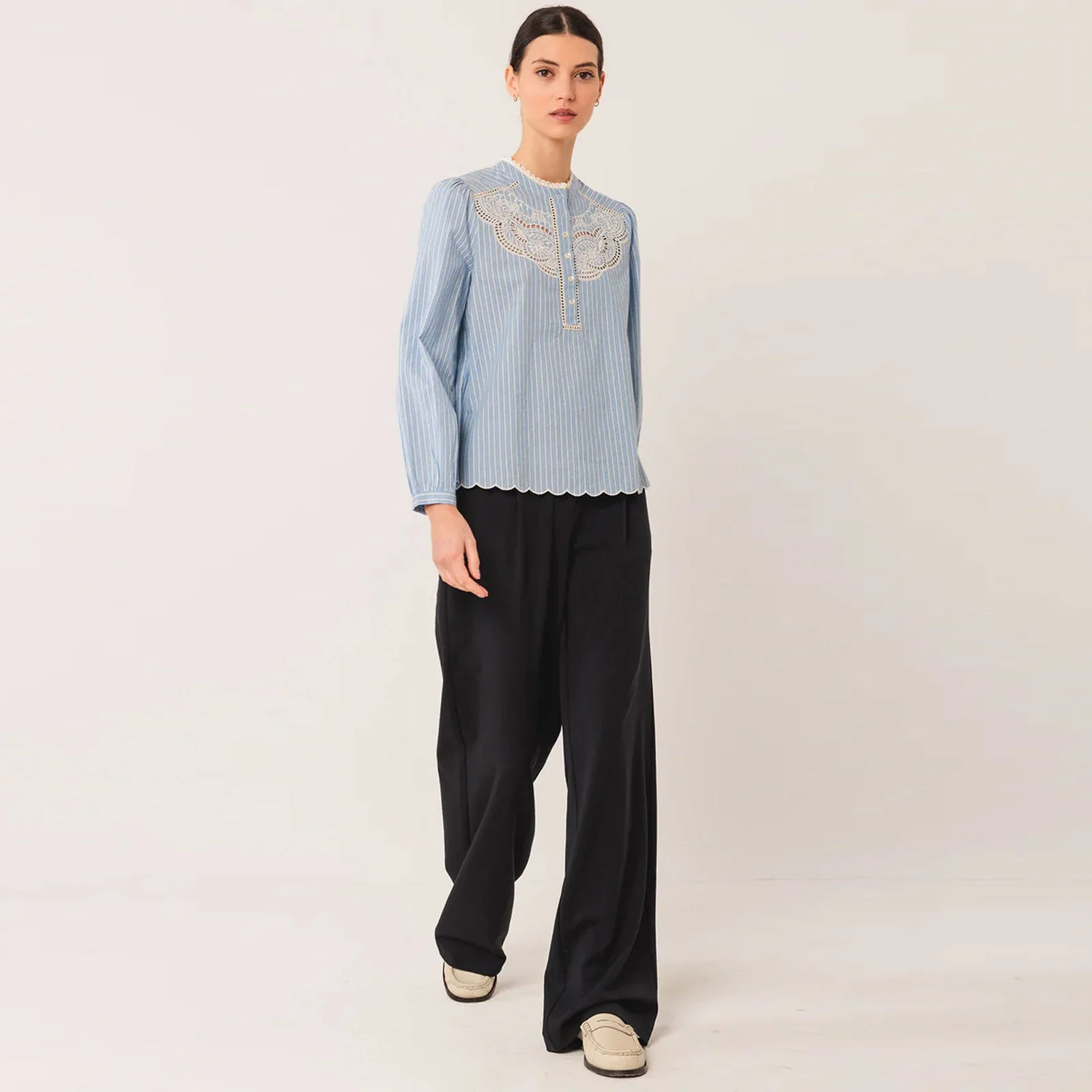 Embroidery Stripe Cotton Blouse azul - Image 4