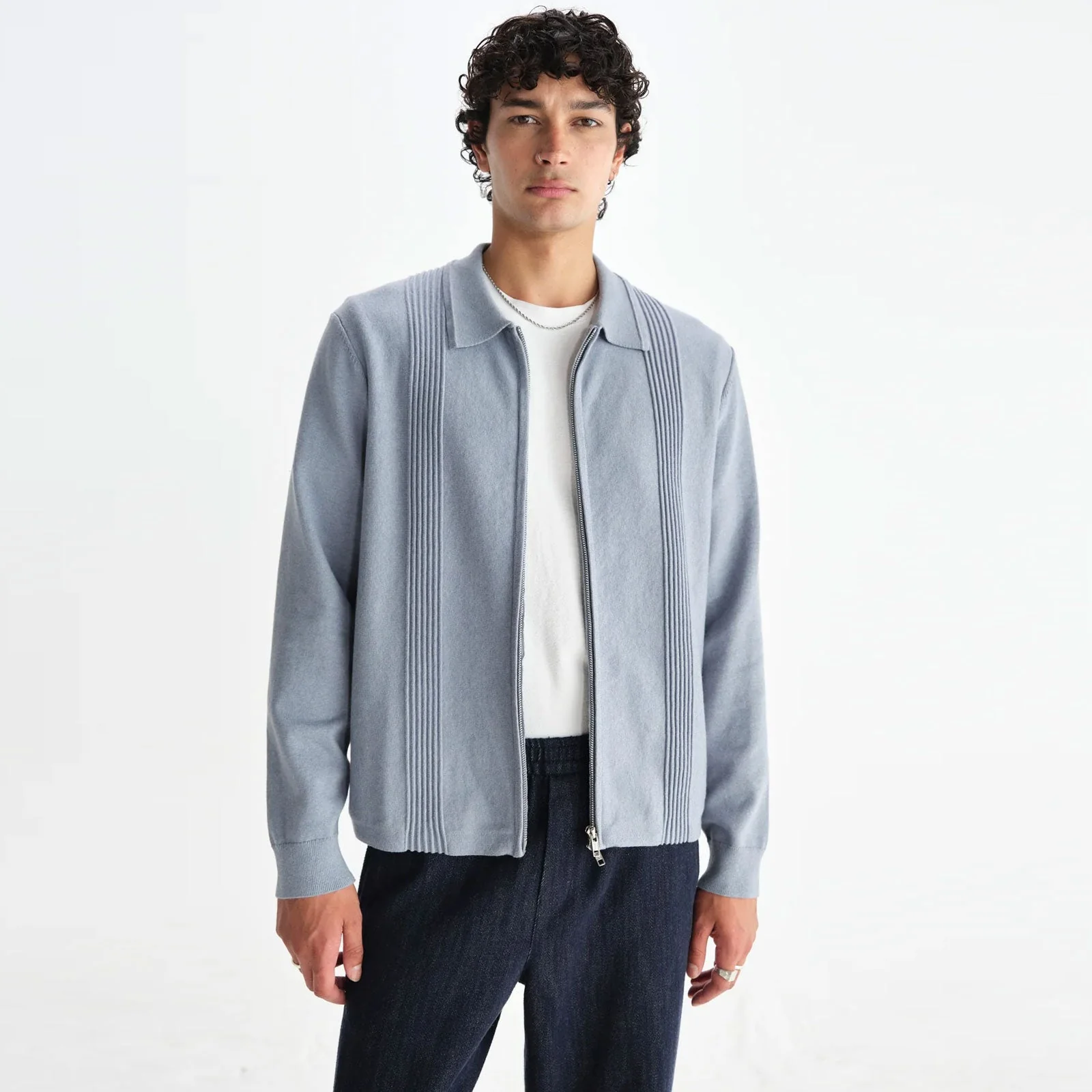 Lennox Zip Polo Milano Ripple Stripe grey blue