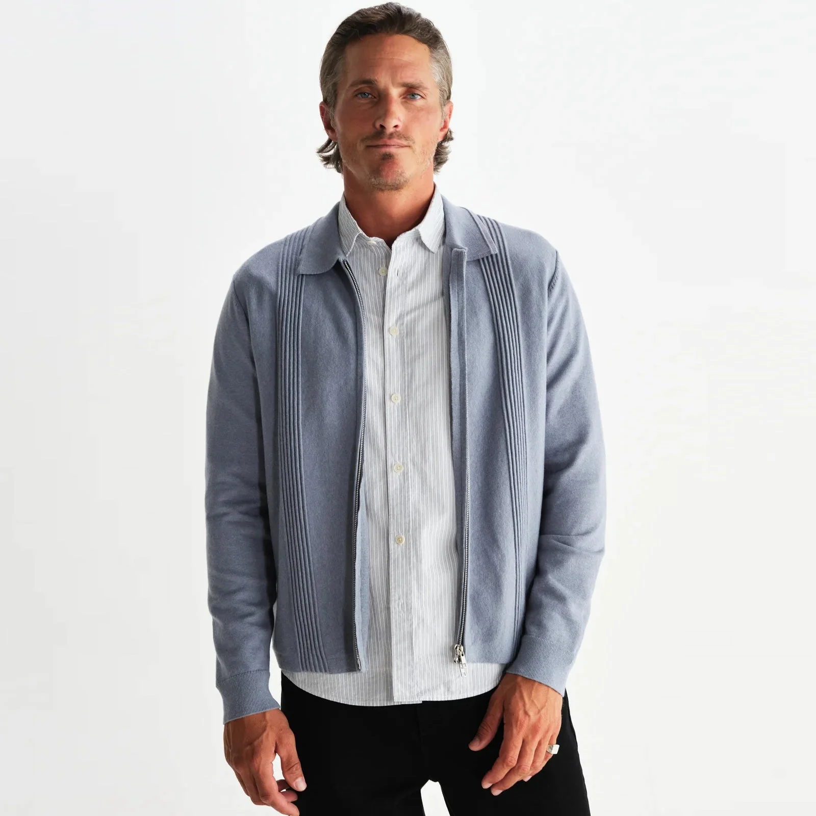 Lennox Zip Polo Milano Ripple Stripe grey blue - Image 6