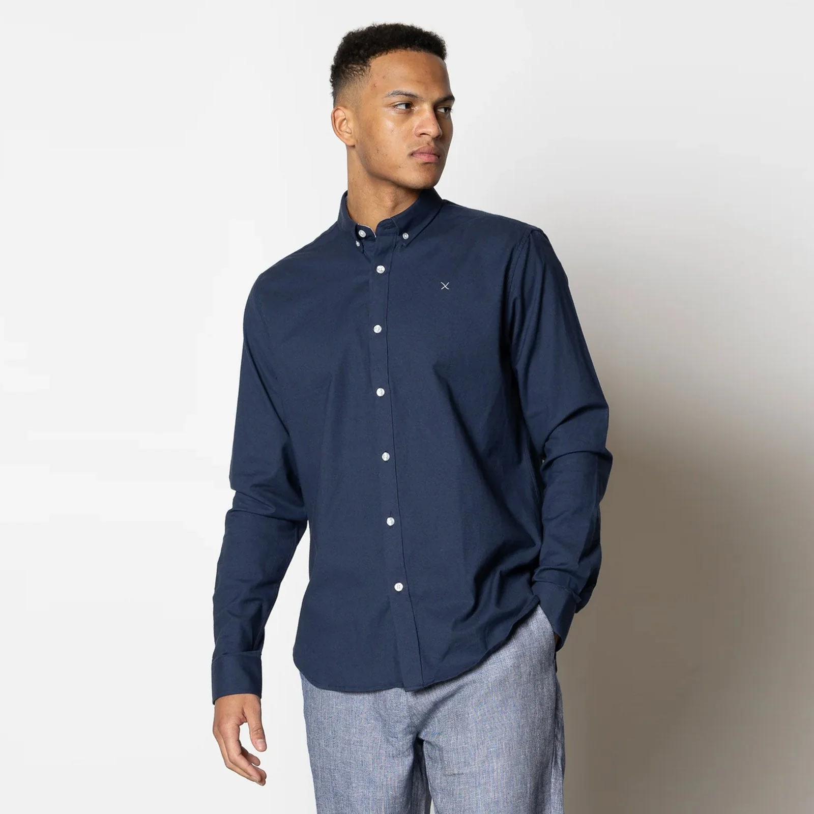 Oxford Mandarin Collar Stretch Shirt navy