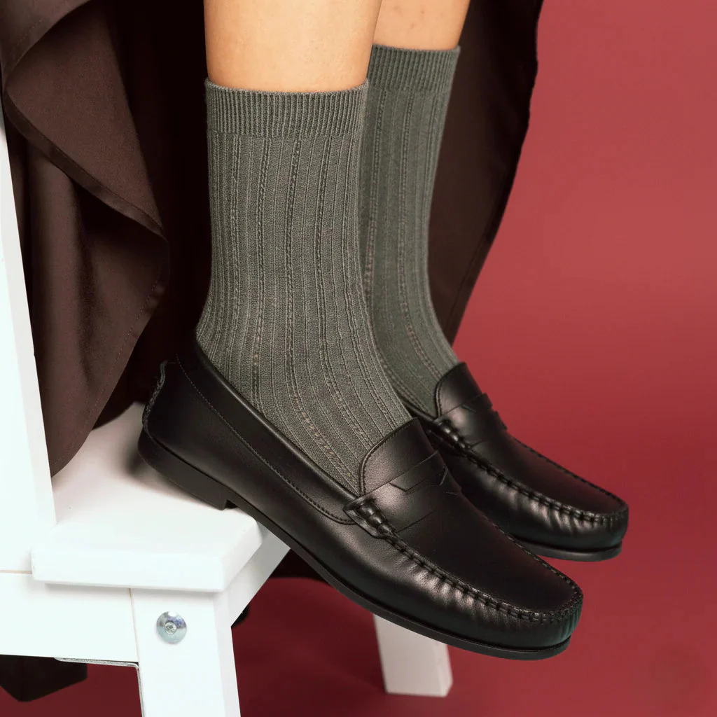 Pointelle Fine Rib Modal Socks khaki - Image 2